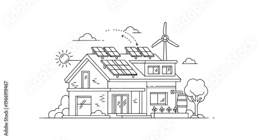 Eco friendly house, solar panels, wind turbine, sustainable home, green energy