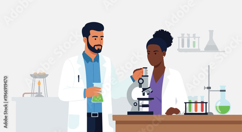 Two scientists working together in a laboratory with a microscope and glassware