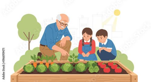 An elderly man teaches two children about vegetable gardening in a city planter