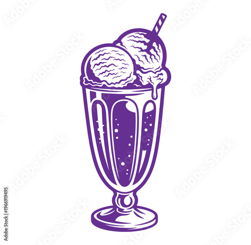 Purple ice cream sundae in a tall glass with two scoops and a straw