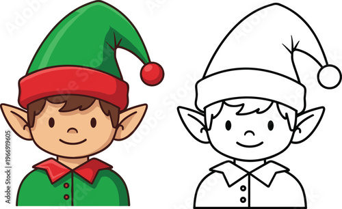 Cute Christmas elf boy character with color and outline versions, festive cartoon helper illustration isolated on white background for holiday design