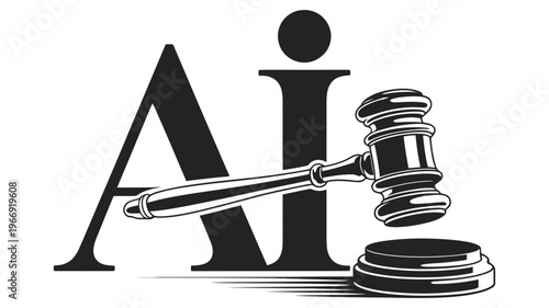 A sophisticated outline illustration depicting "AI" text with a legal gavel, symbolizing artificial intelligence in justice or law.