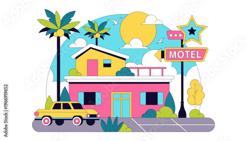 A colorful motel illustration with a car and palm trees outside