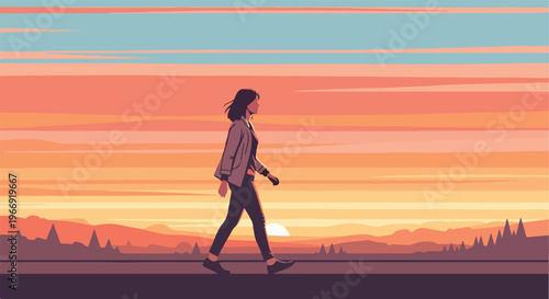 A silhouette of a woman walking calmly against a vibrant, orange sunset horizon