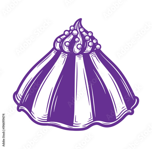 Purple illustration of a garlic bulb with a decorative top on a plain white surface