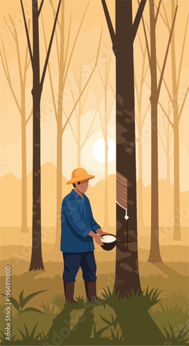 A worker harvests natural rubber from a tree in a sunny plantation at sunset