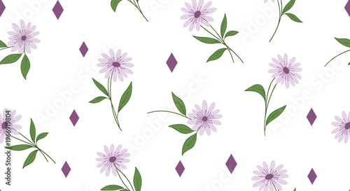 Delicate seamless pattern featuring light purple flowers on long stems paired with small purple diamond shapes on a white background.