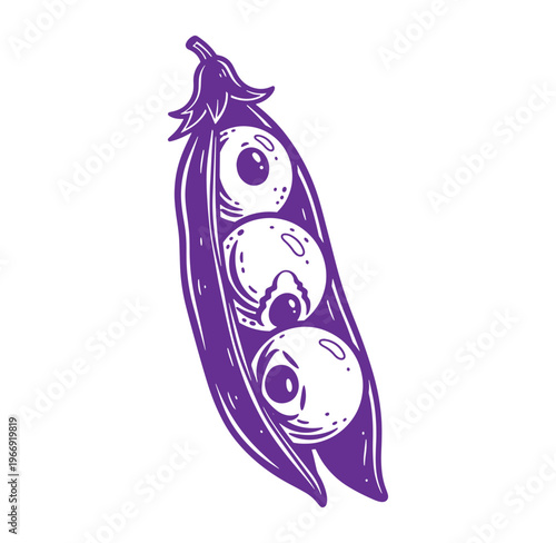 Purple illustration of a pea pod with three peas inside  simple drawing