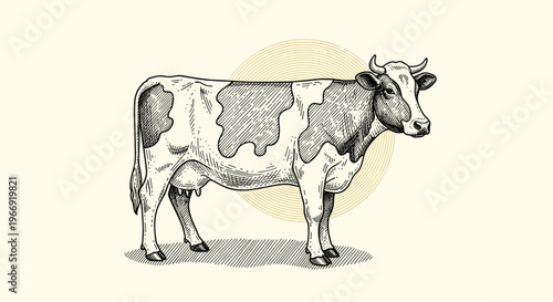 High quality detailed black and white sketch of a dairy cow standing sideways against a plain background with a circular accent.