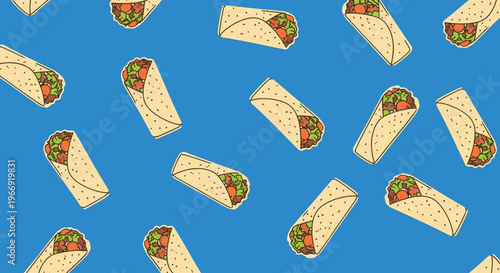 Repeating seamless pattern of mouth-watering burritos filled with ingredients wrapped in tortillas over a bright blue background.