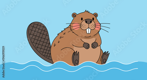 Friendly cartoon beaver with large front teeth sitting in blue water with small waves against a clear summer sky in the outdoors.