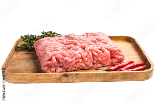 Uncooked mince veal and pork meat, raw forcemeat isolated on white background. top view