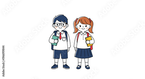 Cute illustration of a young school boy and girl in uniforms holding books and ready for their first day at an elementary school.
