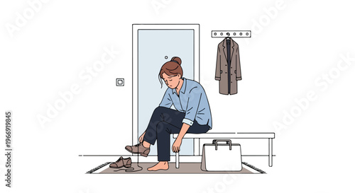 A tired woman sitting on a bench in the hallway taking off her office shoes