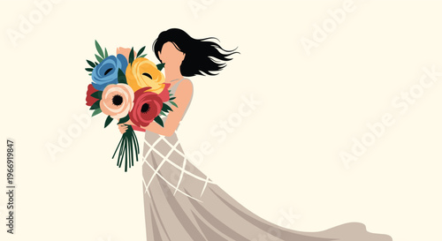 Artistic faceless illustration of a beautiful bride in a white wedding dress holding a vibrant bouquet of colorful anemone flowers.