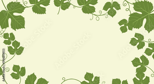 Natural border frame made of green grape leaves and twisting vine tendrils on a soft cream background for wine related designs.