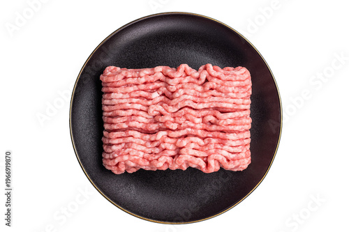 Raw mince beef meat, fresh mincemeat in plate isolated on white background. top view