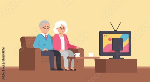 An elderly couple sitting on a brown sofa and watching television in a room