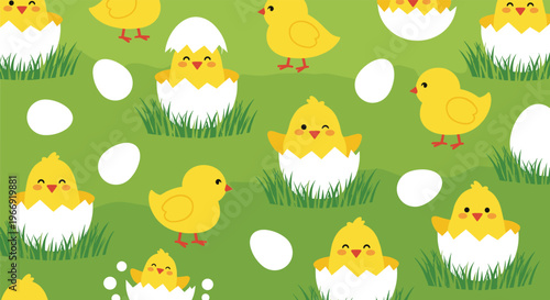 Joyful easter pattern with yellow baby chicks popping out of white eggshells and walking in green grass on a bright spring day.