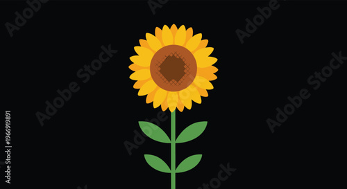 Vibrant illustration of a single tall sunflower with bright yellow petals and a large seed head standing on a black background.