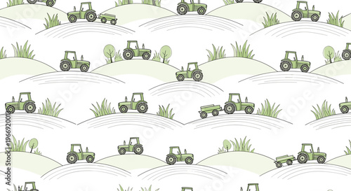 Charming seamless pattern featuring green farm tractors driving over rolling hills with grass and trees for country themed designs.