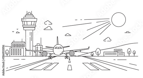 Airplane, airport, vector illustration, travel, aviation, line art