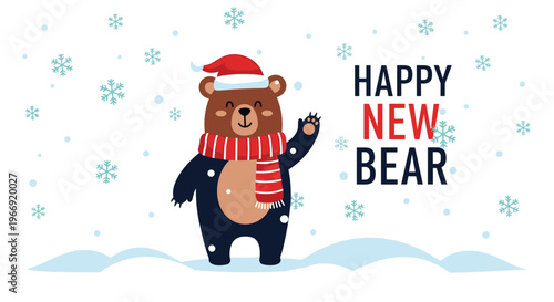 Festive winter illustration of a cute bear wearing a red santa hat and scarf waving in a snowy landscape with happy new bear text.