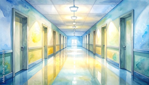 Empty hospital hallway with glossy floor reflections and quiet clinical atmosphere watercolor painting illustration