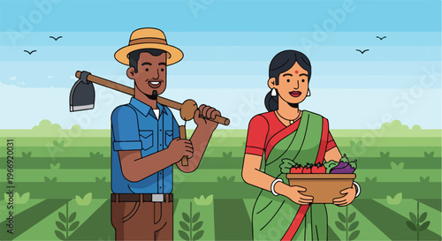 A man holding a hoe and a woman carrying a basket of produce in a farm field