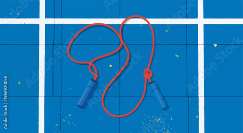 A red jump rope with blue handles resting on a textured blue athletic court