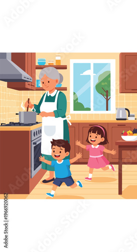 An elderly woman cooks while two small children run happily in a bright kitchen