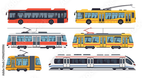 Set of various public transportation vehicles including buses, trolleybuses, trams, and a modern train in red and yellow colors.