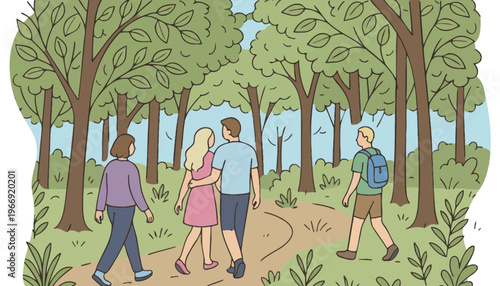 People walking together in a forest on a sunny day outdoors