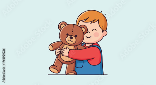 A happy young boy wearing blue overalls is hugging a cute brown teddy bear toy