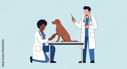 Two veterinarians examine a brown dog sitting on a table in a clinical setting