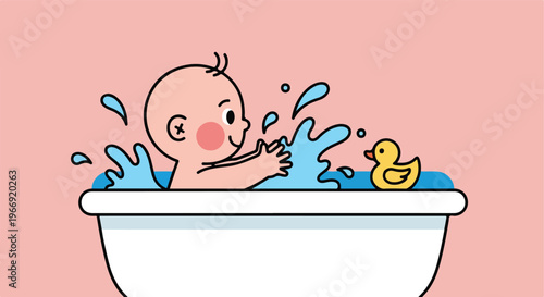 A cute cartoon baby splashing water while taking a bath with a yellow toy duck