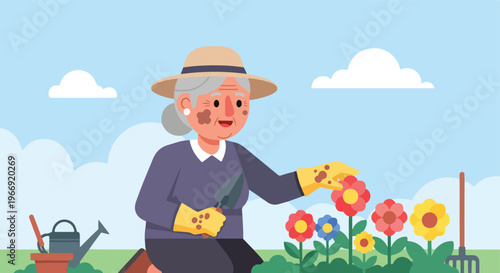 An elderly woman wearing a straw hat and gloves gardening with a small trowel