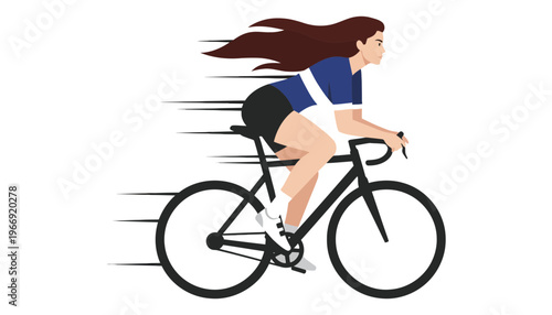 A woman riding a bicycle with long hair flowing in the wind