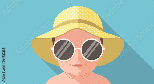 A flat vector illustration of a baby wearing a polka dot sun hat and sunglasses