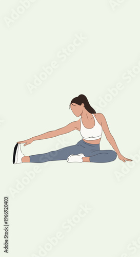 A minimalist illustration of a woman in activewear doing a seated leg stretch