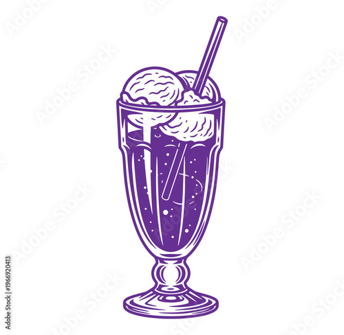 Purple milkshake with two scoops of ice cream and a straw in a tall glass