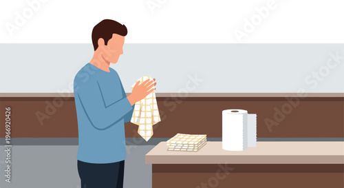 A man in a blue shirt holds a folded napkin near a stack and a paper roll