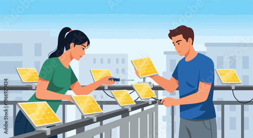 A man and a woman installing small solar panels on a balcony of an urban building