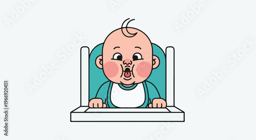 A cute cartoon baby sitting in a high chair with a funny expression on its face
