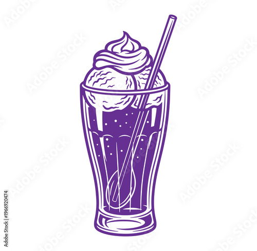 Purple milkshake with whipped cream and straw in a tall glass
