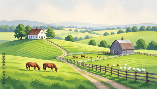 Vibrant cartoon illustration of a traditional summer farm landscape with rolling green hills and livestock. Vector flat illustration of sunny pastoral landscape with farm buildings and domestic animal