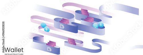 Isometric universal wallet infrastructure. Digital payments, web3 asset exchange, fintech transaction flows card. Blockchain apps, money transfer platforms dashboards, investor presentations, websites