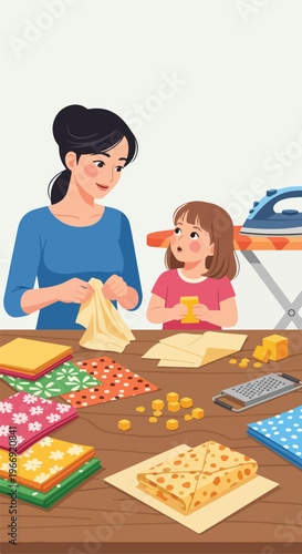 A mother and daughter prepare beeswax wraps together at a table with supplies