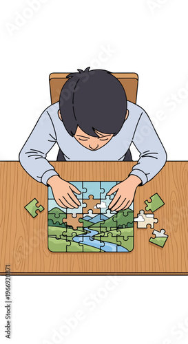 Top view of a person assembling a landscape picture puzzle on a wooden table