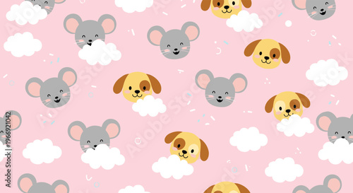 Adorable seamless pattern with cartoon mice and dog faces hiding among white clouds on a soft pink background for sweet children designs.